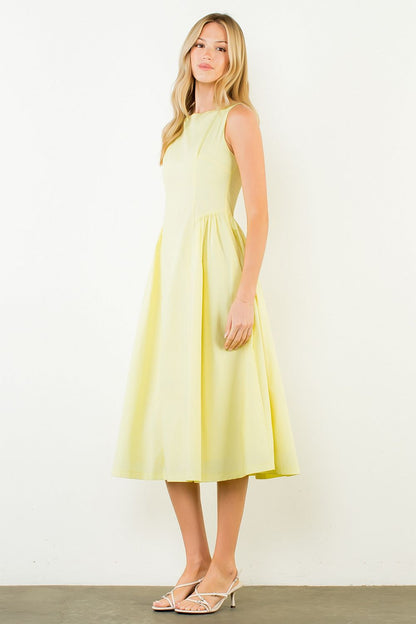 Sleeveless Gathered Waist Midi Dress - Yellow