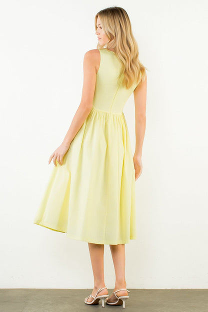Sleeveless Gathered Waist Midi Dress - Yellow