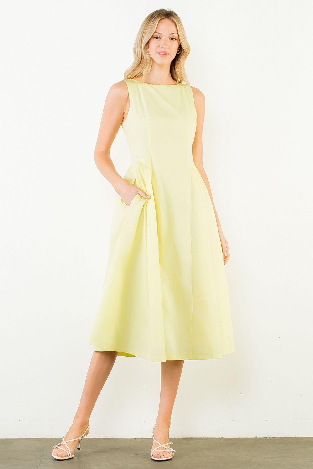 Sleeveless Gathered Waist Midi Dress - Yellow