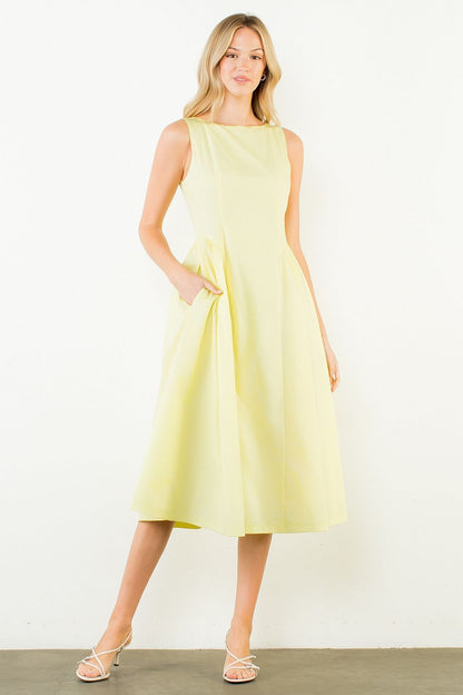 Sleeveless Gathered Waist Midi Dress - Yellow