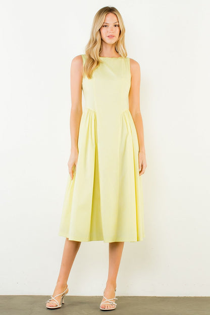 Sleeveless Gathered Waist Midi Dress - Yellow