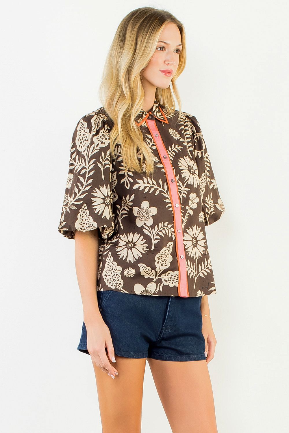 Two Tone Short Sleeve Pattern Top - Brown
