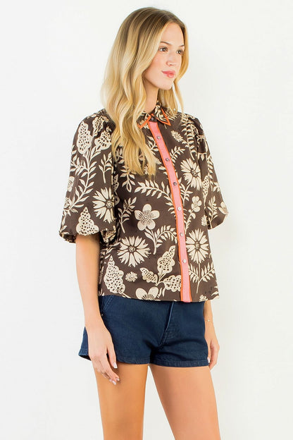 Two Tone Short Sleeve Pattern Top - Brown