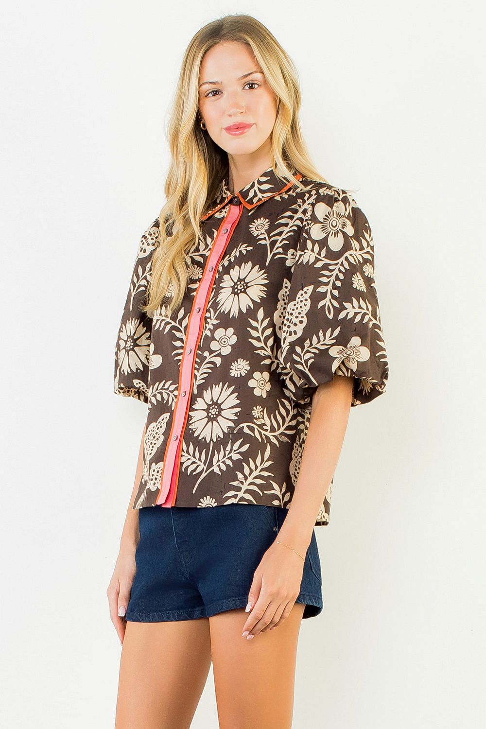 Two Tone Short Sleeve Pattern Top - Brown