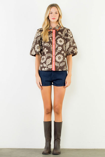 Two Tone Short Sleeve Pattern Top - Brown