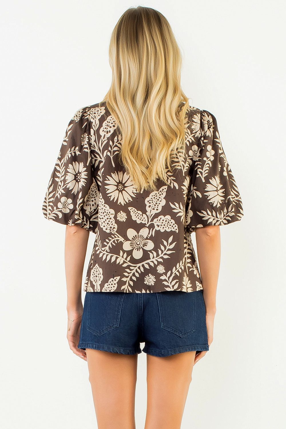 Two Tone Short Sleeve Pattern Top - Brown