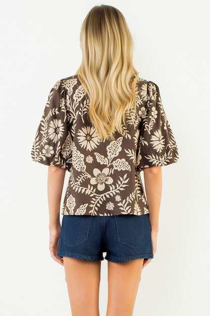 Two Tone Short Sleeve Pattern Top - Brown