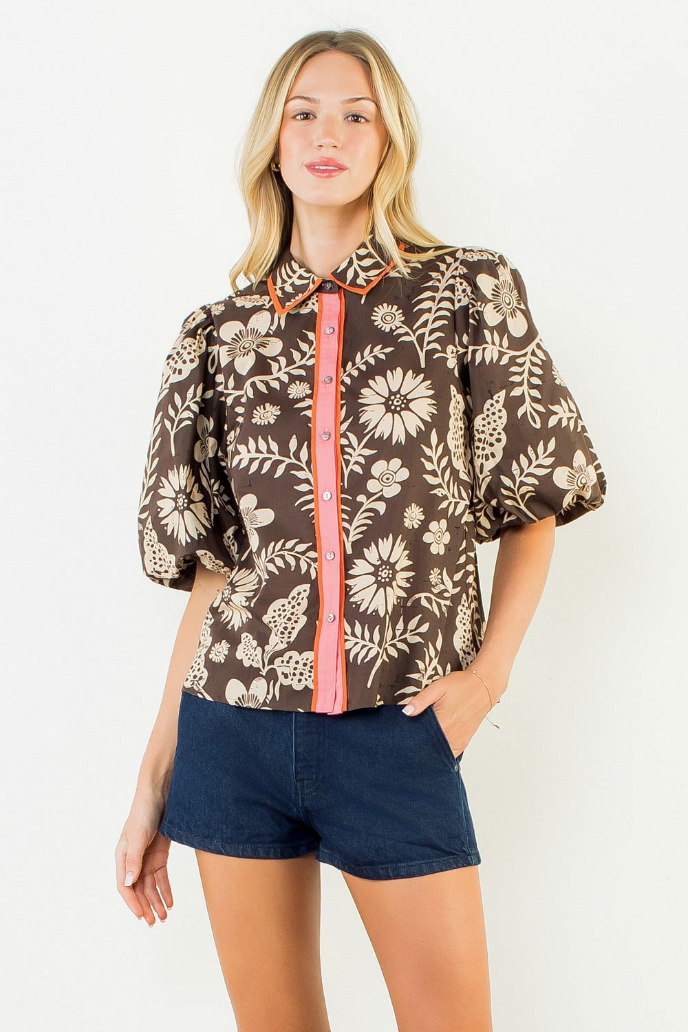 Two Tone Short Sleeve Pattern Top - Brown