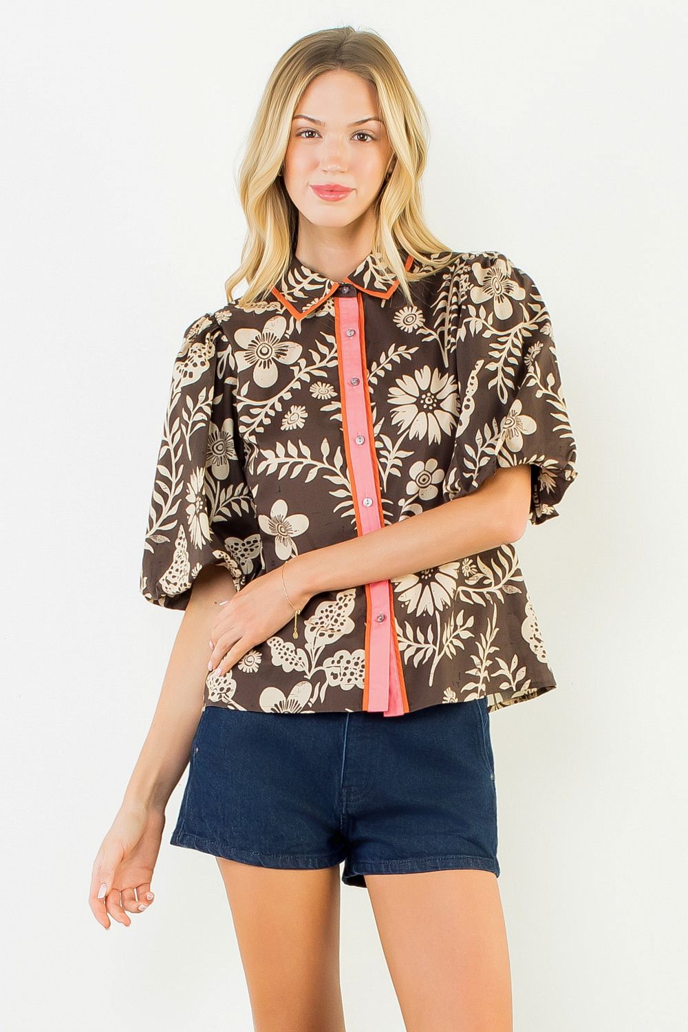 Two Tone Short Sleeve Pattern Top - Brown