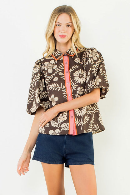 Two Tone Short Sleeve Pattern Top - Brown