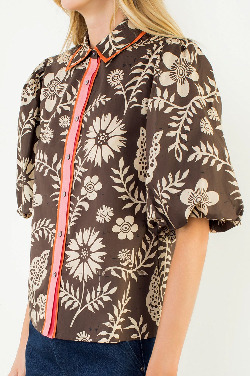 Two Tone Short Sleeve Pattern Top - Brown