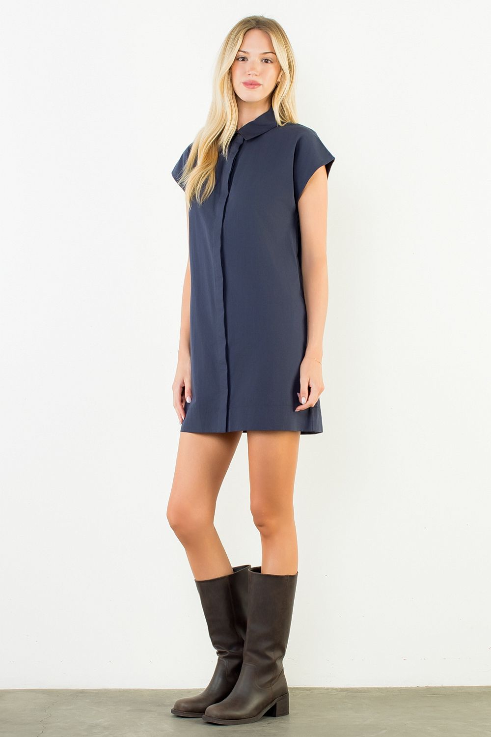 Button Down Collared Short Dress - Navy