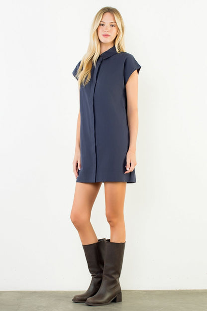Button Down Collared Short Dress - Navy
