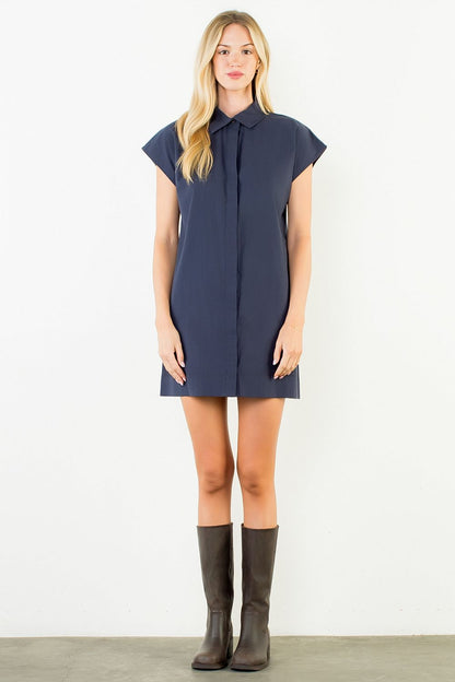Button Down Collared Short Dress - Navy