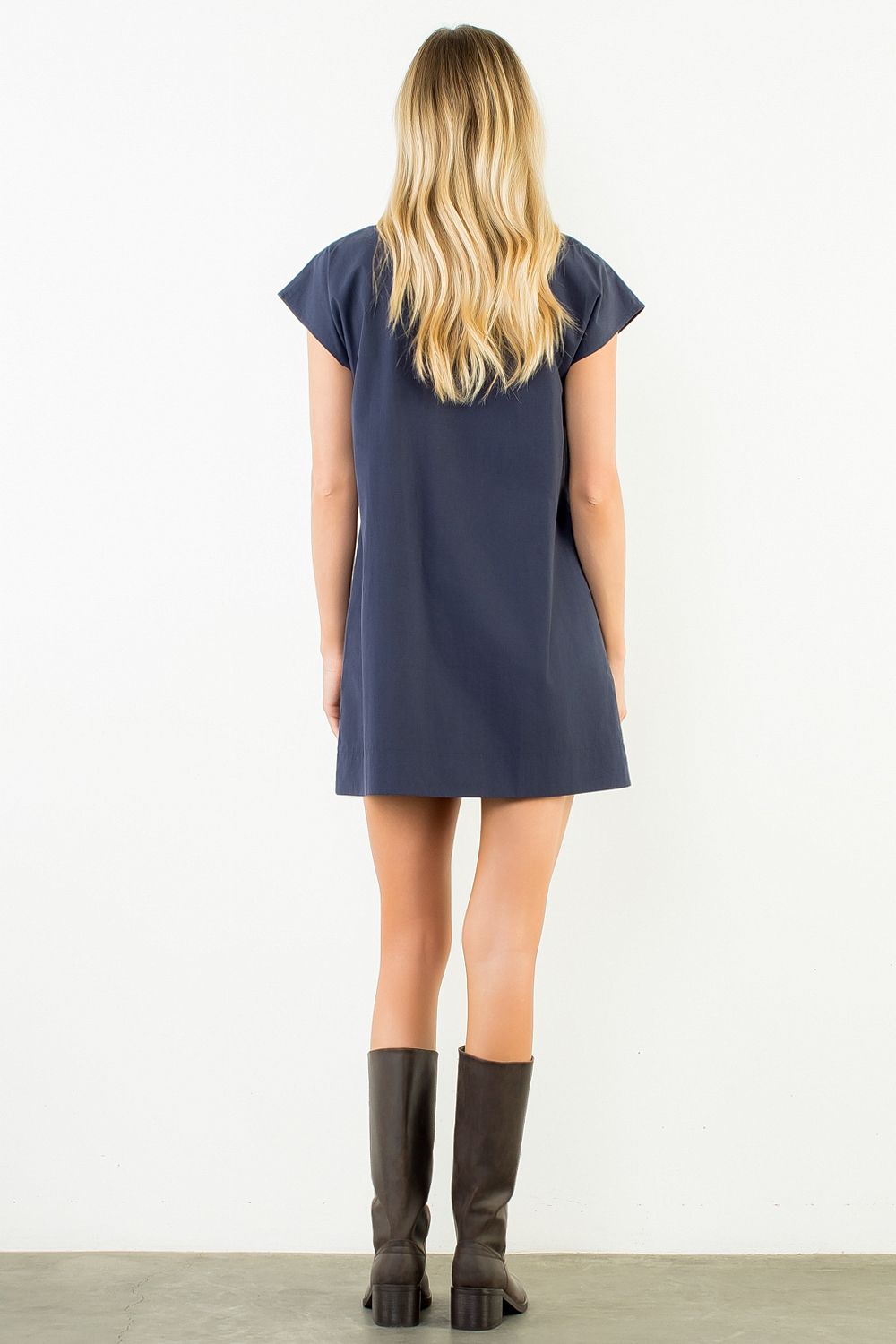 Button Down Collared Short Dress - Navy