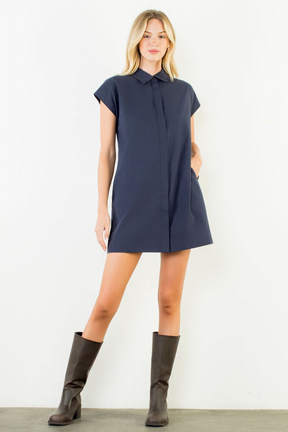 Button Down Collared Short Dress - Navy