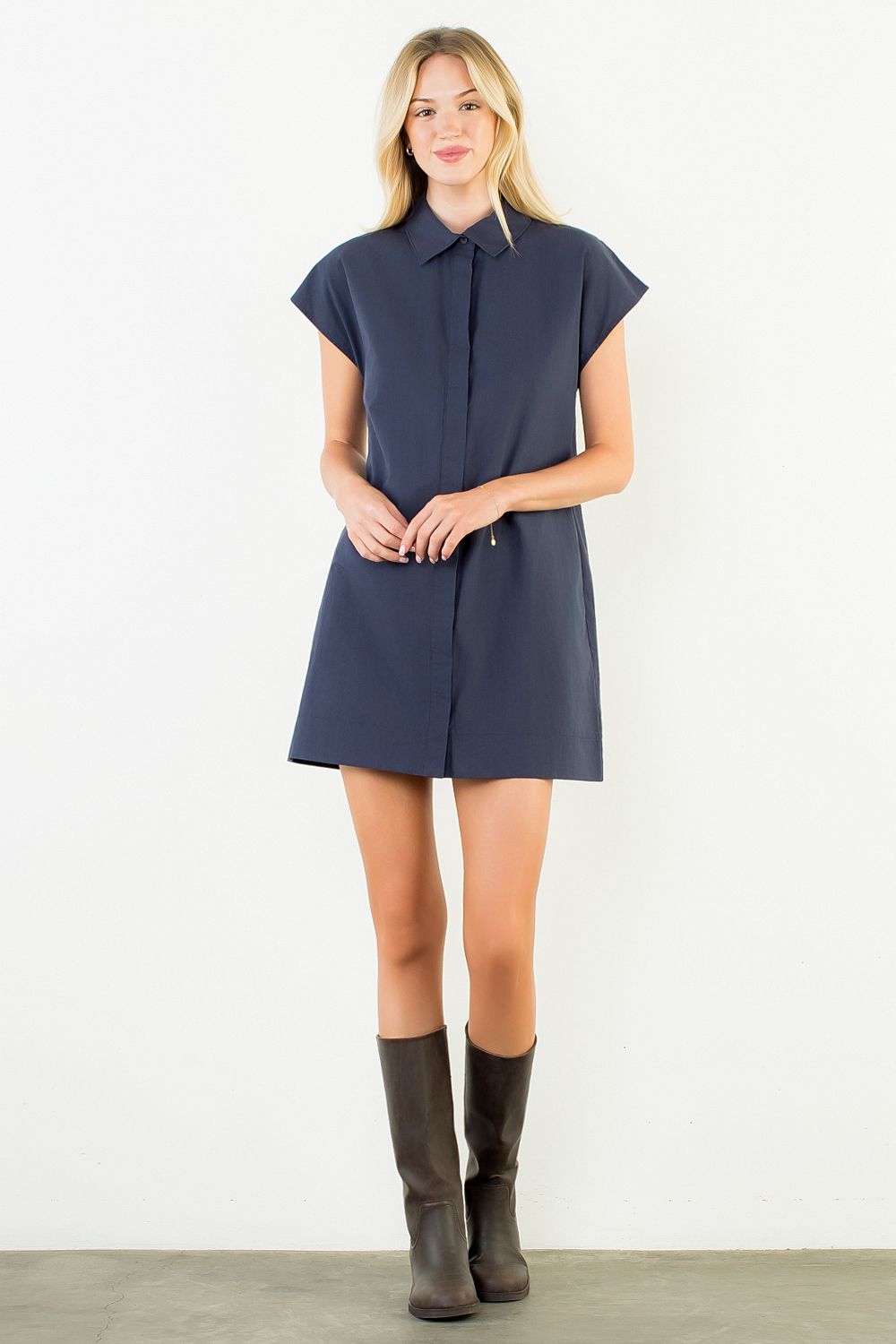 Button Down Collared Short Dress - Navy