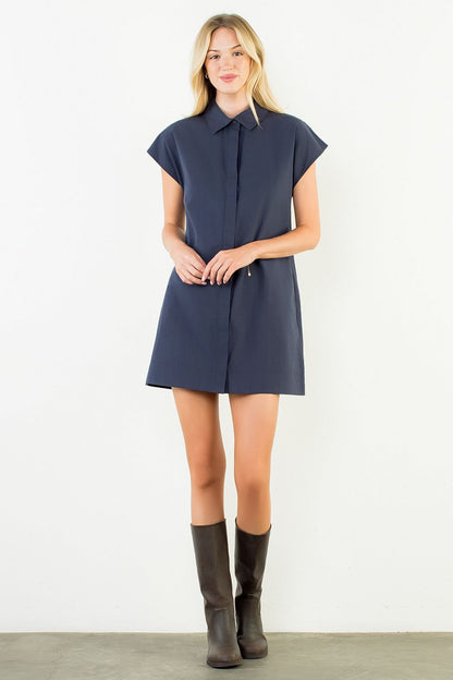 Button Down Collared Short Dress - Navy