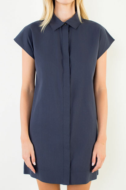 Button Down Collared Short Dress - Navy