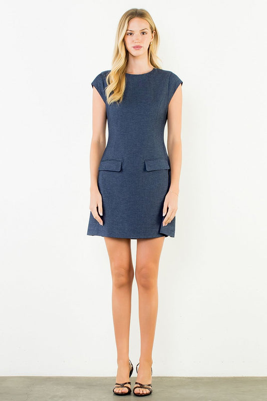 Denim Short Dress with Front Pockets - Navy