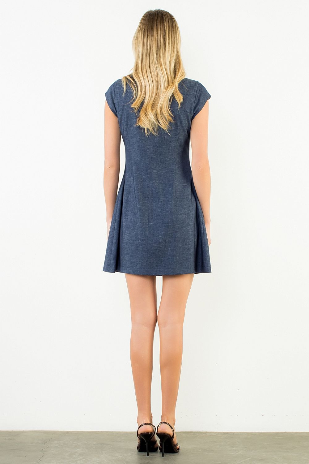Denim Short Dress with Front Pockets - Navy