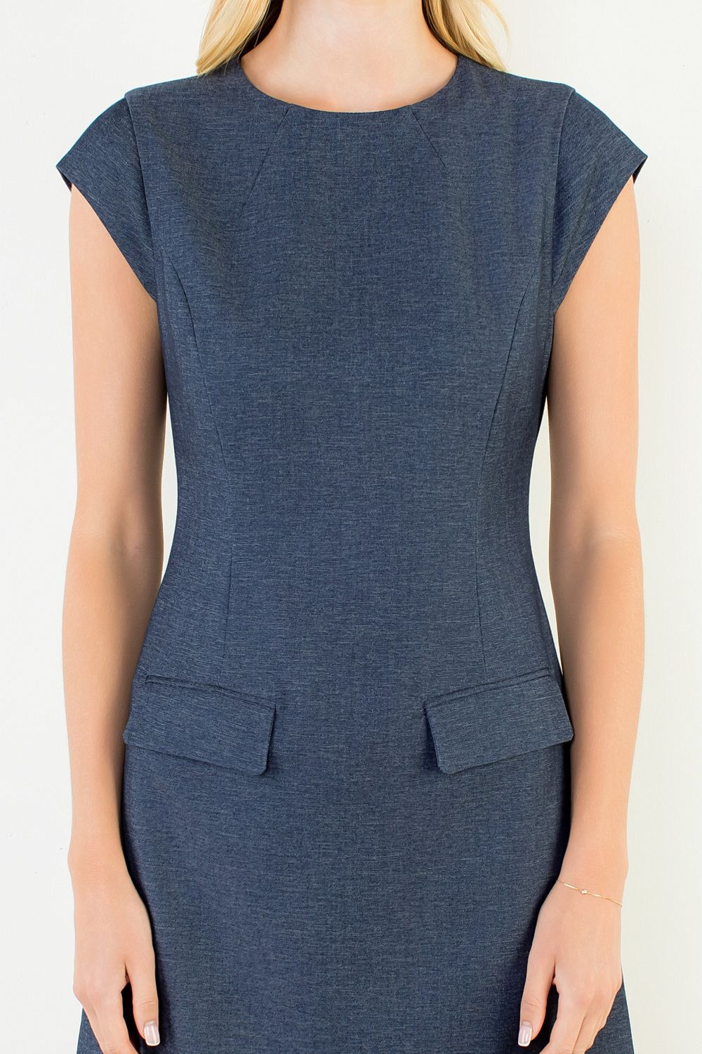 Denim Short Dress with Front Pockets - Navy