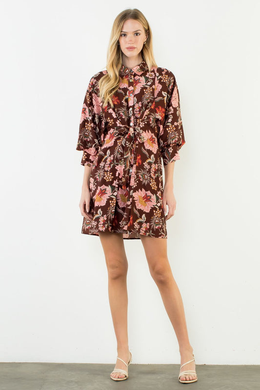Long Sleeve Floral Pattern Button Down Dress - Brown