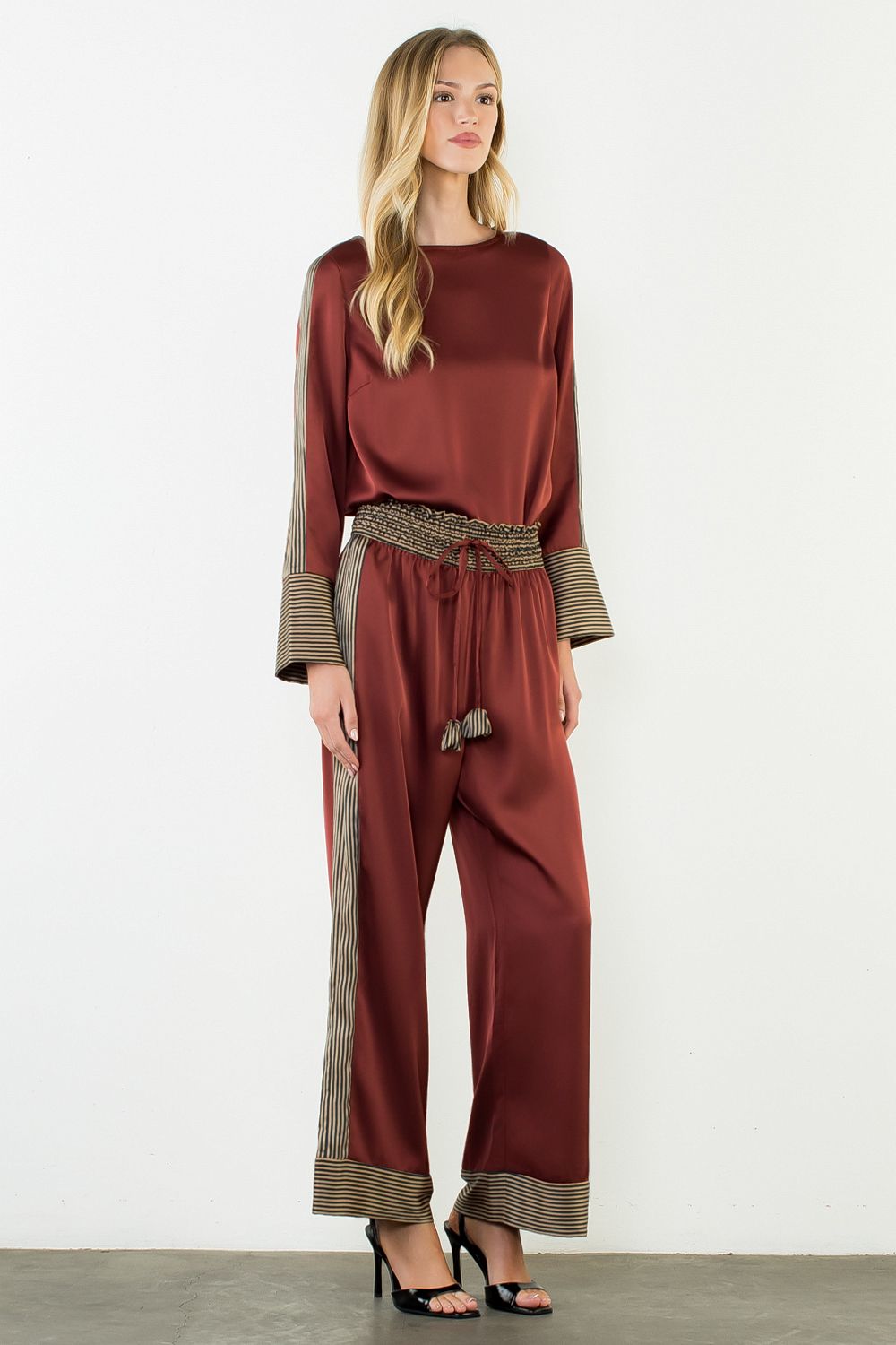 Satin Long Sleeve Top with Stripe Details - Burgundy