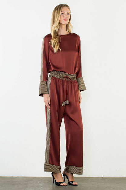 Satin Long Sleeve Top with Stripe Details - Burgundy