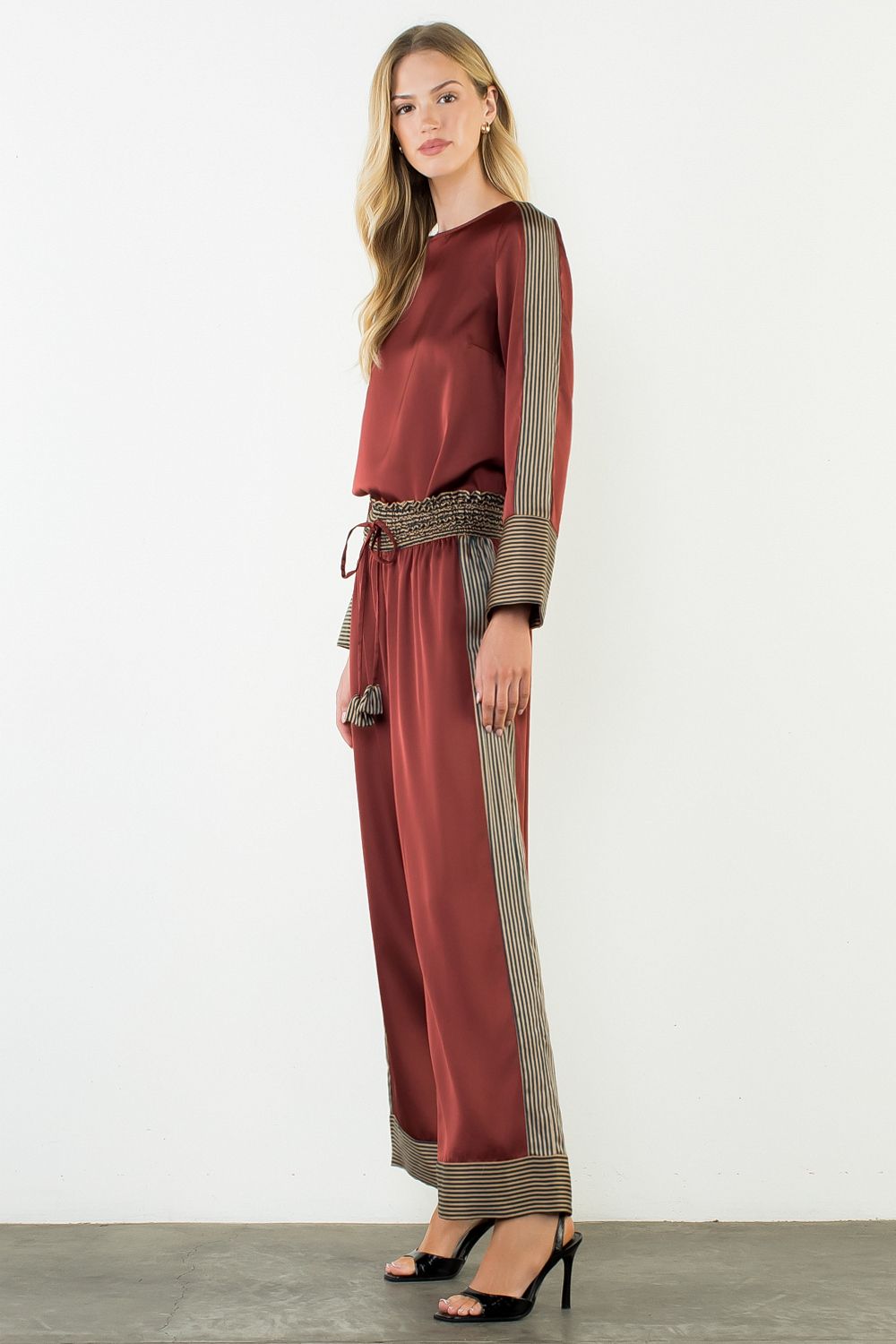 Satin Long Sleeve Top with Stripe Details - Burgundy