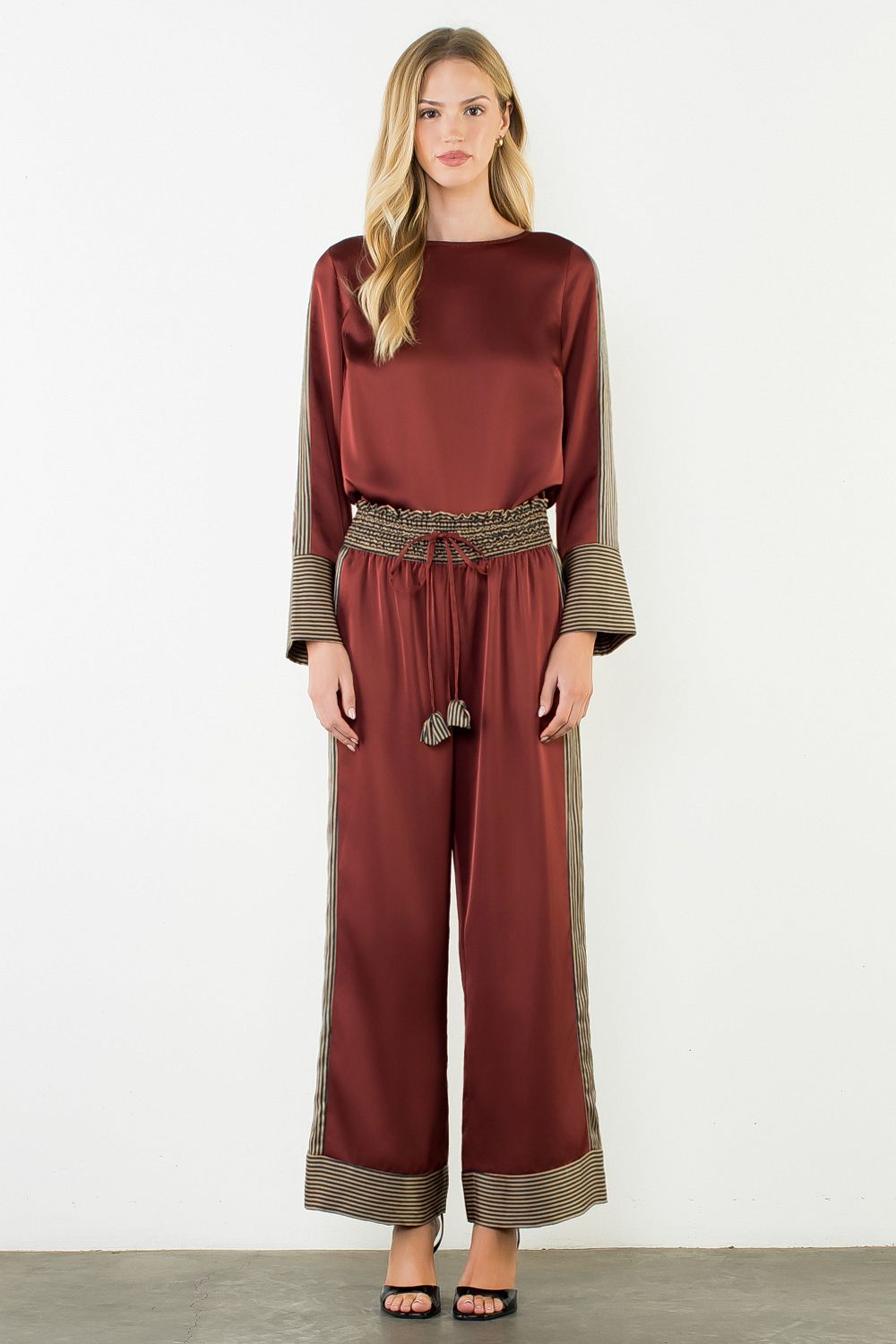 Satin Long Sleeve Top with Stripe Details - Burgundy