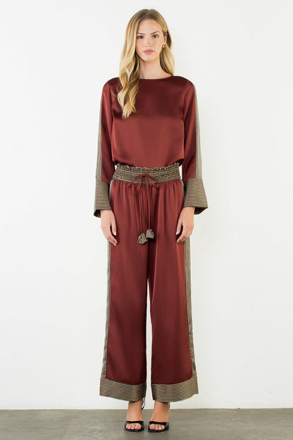 Satin Long Sleeve Top with Stripe Details - Burgundy