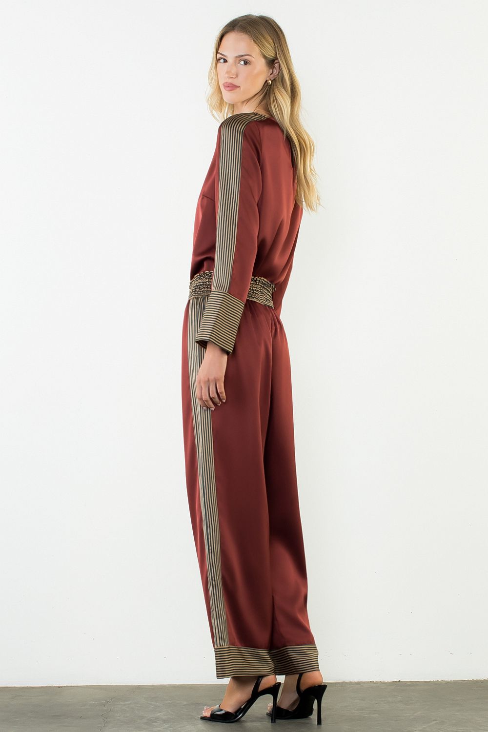 Satin Long Sleeve Top with Stripe Details - Burgundy
