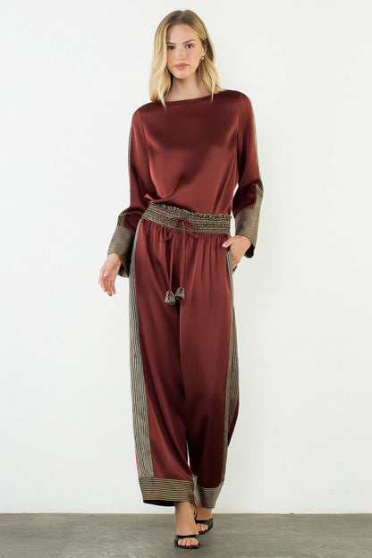 Satin Long Sleeve Top with Stripe Details - Burgundy