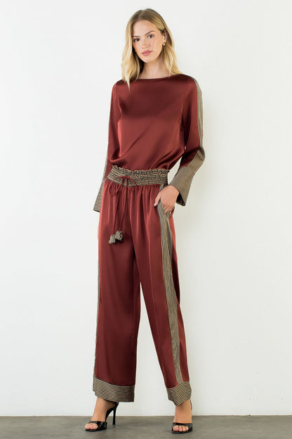 Satin Long Sleeve Top with Stripe Details - Burgundy