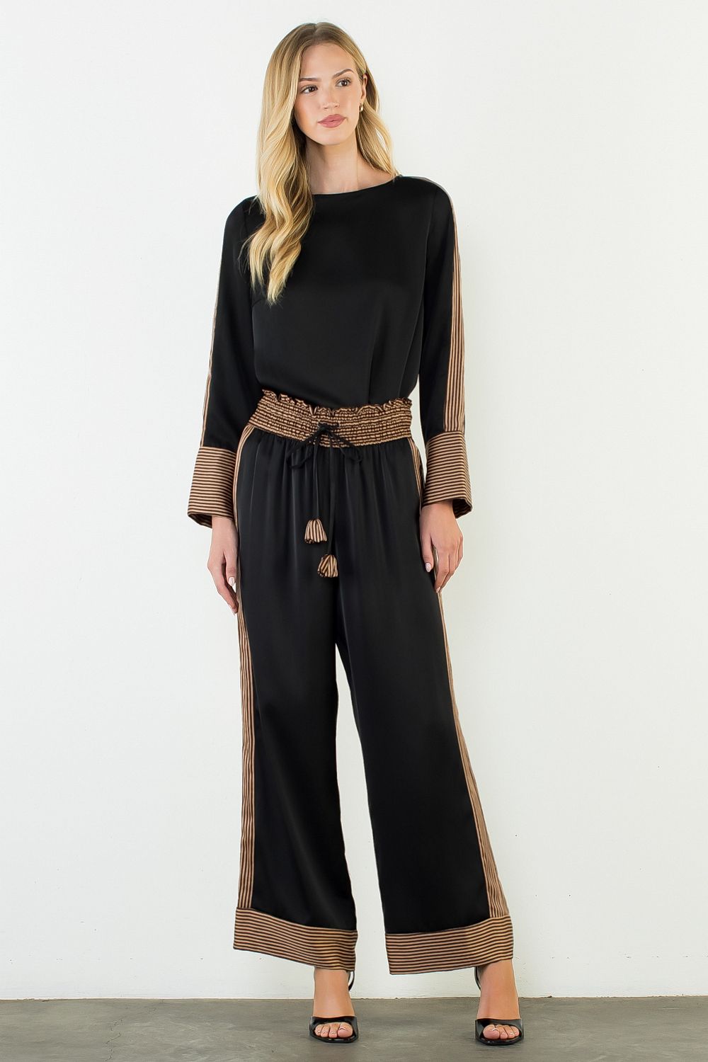 Satin Long Sleeve Top with Stripe Details - Black
