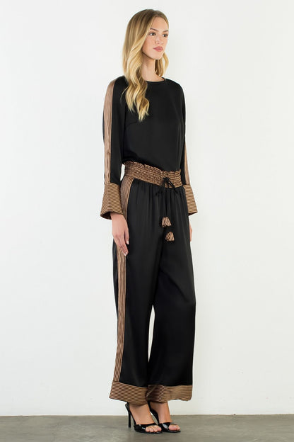 Satin Long Sleeve Top with Stripe Details - Black