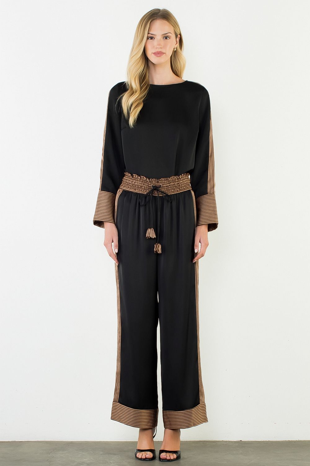 Satin Long Sleeve Top with Stripe Details - Black