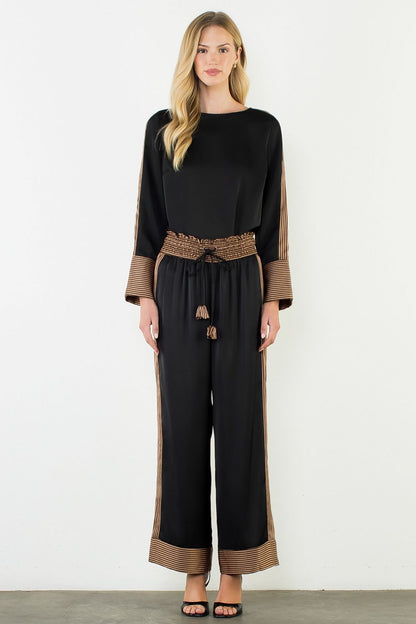 Satin Long Sleeve Top with Stripe Details - Black