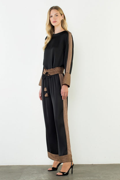 Satin Long Sleeve Top with Stripe Details - Black