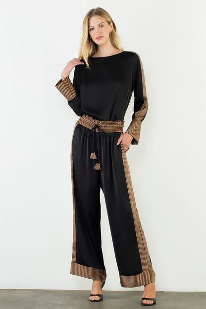 Satin Long Sleeve Top with Stripe Details - Black