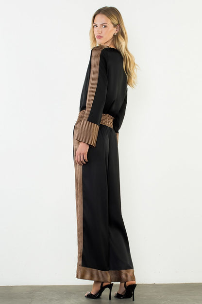 Satin Long Sleeve Top with Stripe Details - Black