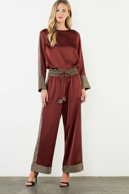 Satin Stripe Detail Pants - Burgundy