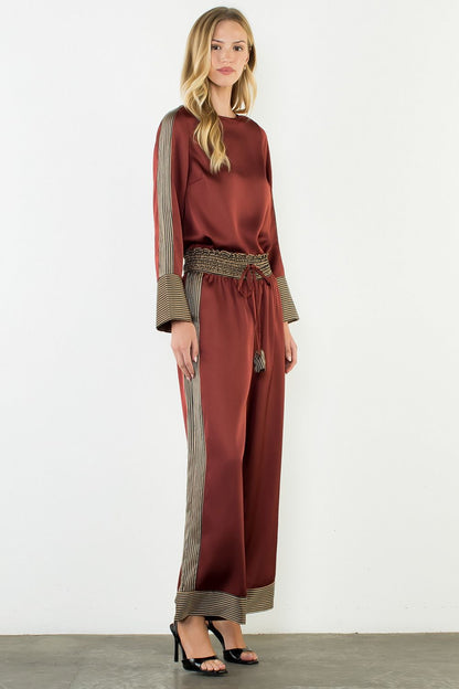 Satin Stripe Detail Pants - Burgundy