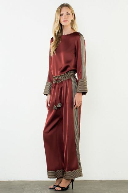 Satin Stripe Detail Pants - Burgundy