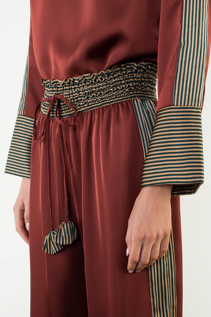 Satin Long Sleeve Top with Stripe Details - Burgundy