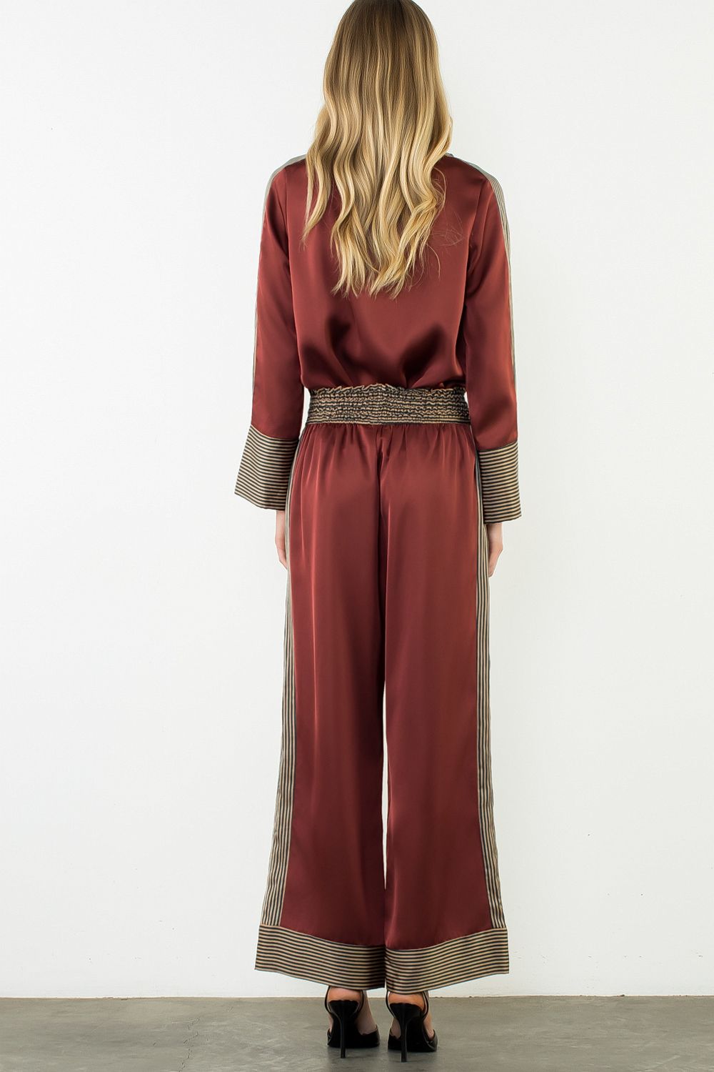 Satin Stripe Detail Pants - Burgundy