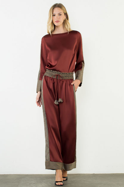 Satin Stripe Detail Pants - Burgundy