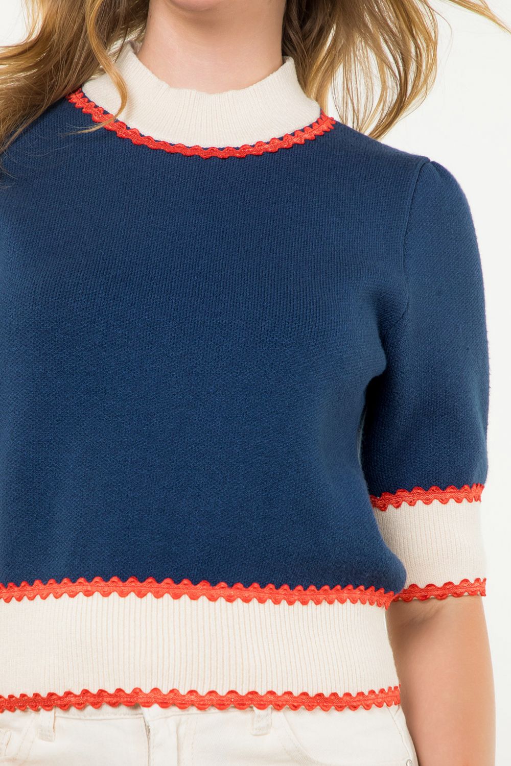 Short Sleeve Colorblock Knit Top - Navy