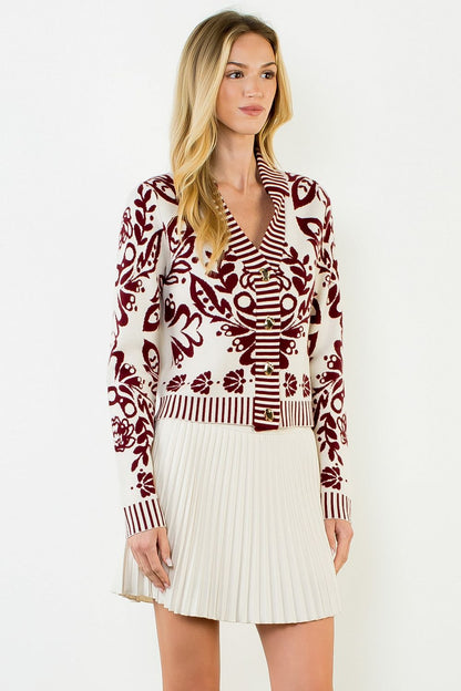 Floral V-Neck Cardigan with Gold Buttons - Burgundy